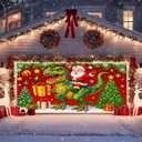 IVN Christmas Santa Dinosaur Christmas Garage Door Cover 13x6 FT for Single Car Garage with Gift Boxes and Tree Decor Scene for Xmas Eve Holiday Outdoor Winter Front Yard Display