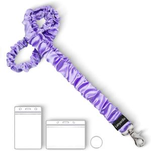 Lanyardio Stretchy Scrunchie Lanyard for ID Badges Keys, Cute Teacher Lanyard for Women with 2 Card Holders 19.6 Inch (Purple)