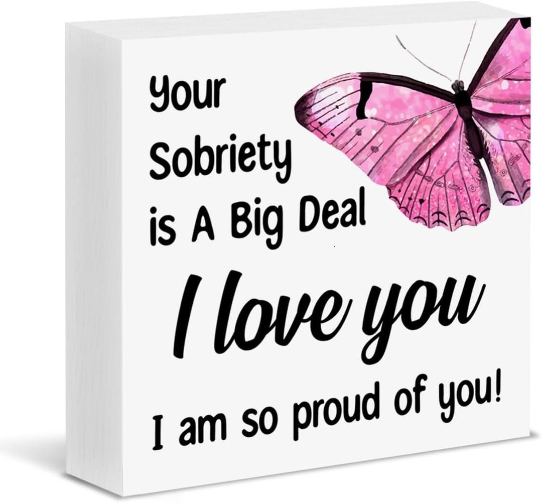 3 x Sobriety Gifts for Women, 1 Year Sober Gift Ideas Proud of You Gifts Your Sobriety Is a Big Deal Wood Block Sign Home Office Decor, (Mix)