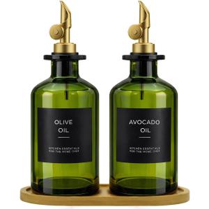 Olive Oil Dispenser Set, 2 x 11.8oz Deep Green Glass Bottles with Auto-Flip Spouts & 2 Capped Spare Spouts, Bamboo Tray, Oil & Vinegar Cruet (Green)