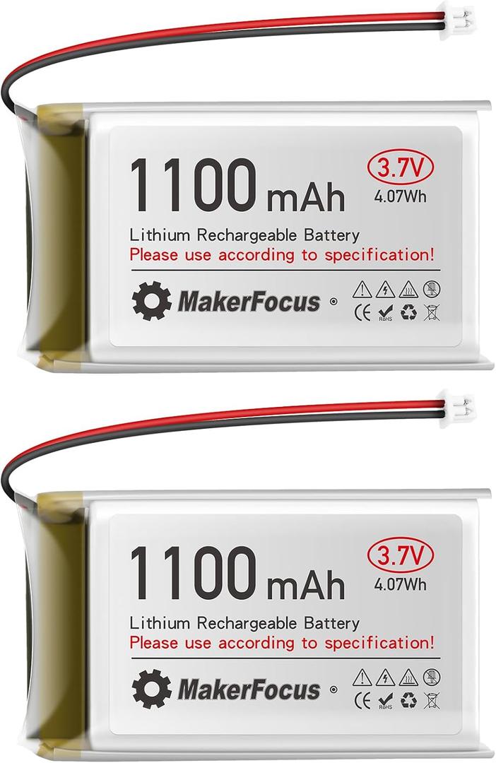 MakerFocus 2pcs 3.7V 1100mAh Lithium Polymer Battery 1S LiPo Rechargeable Battery with Protection Board, Insulated Rubber Tape and JST 1.25 Plug for ESP32 Development Board, Mesh Nodet T114