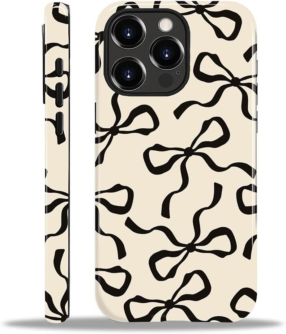 for iPhone 15 Pro Max Case,HL2 Aesthetic Black Bow Hybrid 2 Layer Hard Shell Silicone Protective Pattern Design Case
