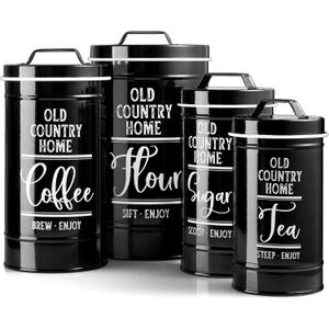 Black Canisters Sets for the Kitchen, Airtight Kitchen Canisters for Countertop, Flour and Sugar Containers, Tea Coffee Sugar Canister Set, Black Kitchen Decor and Accessories, Set of 4
