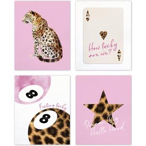 TLESKE Pink Cheetah Preppy Posters Prints Unframed 8x10 Set of 4, Trendy Aesthetic Lucky 8 Balls Wall Art Prints Decor for Teen Girls Dorm Bedroom Living Room, Retro Cheetah Print Wall Picture, 10L" x 8W"