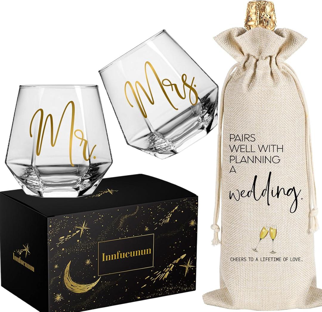Mr Mrs Stemless Wine Glasses&Wine Bag Gift Set 15oz, Wedding or Engagement Gifts for Bride and Groom,Gifts for Bridal Shower Engagement Wedding and Married Anniversary