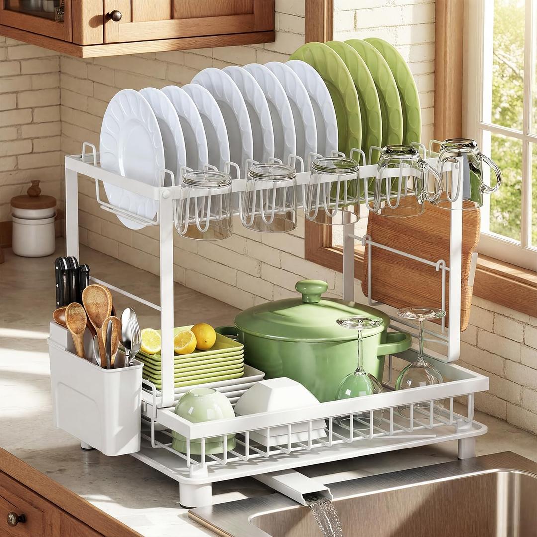 Multifunctional Dish Drying Rack - Rustproof, 2-Tier Dish Racks with Drainboard, Space-Saving Design, Utensil & Cup Holder for Kitchen Counter, White