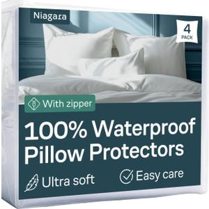 Niagara 4 Pack Waterproof Pillow Protectors Standard 20x26 Inches Smooth Zipper Premium Encasement Covers Quiet Cases Set White