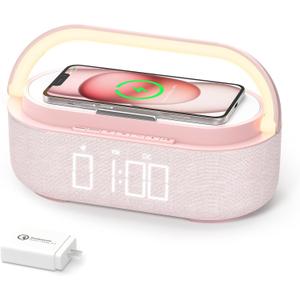 COLSUR Bluetooth Speaker Alarm Clock with Wireless Charger, FM Radio, Adjustable LED Night Light, 6 in 1 Bedroom Portable Speaker 2500mAh, Phone Stand for Bedside, Home, Office, Gift (Pink)