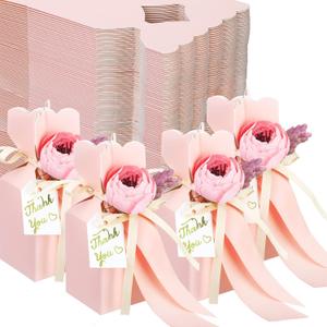 TaoBary 50 Pcs Bridal Shower DIY Wedding Favors Candy Boxes with Ribbon and Flower Flower Party Favor Boxes for Engagement, Wedding Decorations (Pink)