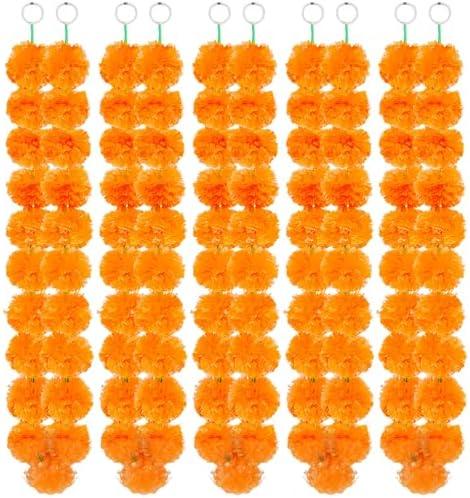 Fovths 8 Pieces Long Marigold Garland Bulk Light Orange Indian American Wedding Party Mantel Decoration Long Strands Artificial Dia De Los Muertos Decor for Pooja, Altar Faux Garland, Diwali