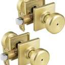 2 Pack Gold Interior Door Knobs for Bathroom & Bedroom, Pismo Doorknob Turn Lock with Square Rosette, Satin Brass Heavy Duty Door Knob with Lock