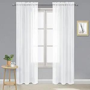 Solid Color Sheer Curtains 84 Inches Long 3 Panels Set - Elegant Lightweight Grommet Light Filtering Window Voile Panels/Drapes/Treatment for Bedroom Living Room W42 x L84 Inch, White, with strings to tie