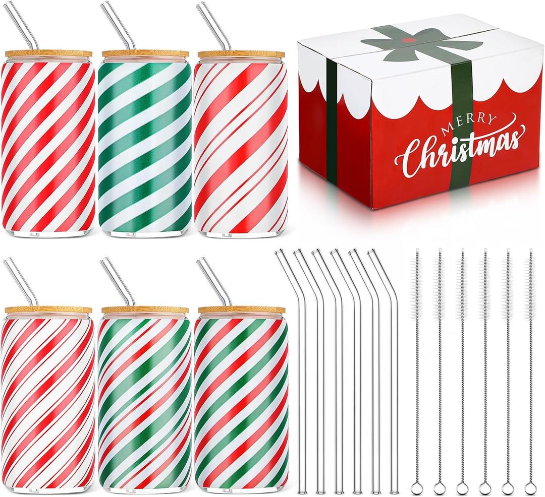 Umigy 6 Pcs Christmas Gift Glasses Cups 16oz Peppermint Candy Cane Cups Christmas Can Shaped Glassware with Bamboo Lids Holiday Drinking Glasses for Iced Coffee Hot Cocoa Bar Cocktails