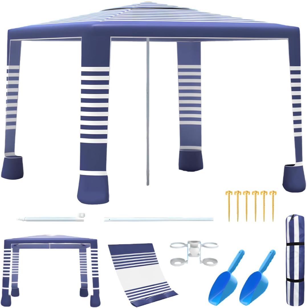 Beach Tent,8'8' Large Beach Canopy for 4-6 People,Easy Setup Beach Sun Shelter with UPF 50+ Protection,Adjustable Height & Wind Resistant Beach Cabana for Family,Party (Navy Blue-Stripes), 8'x8'x7.42'