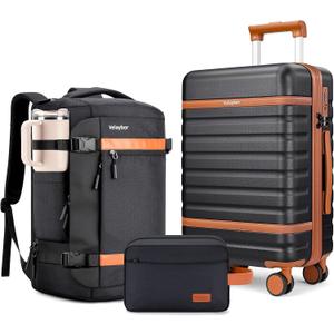 Luggage Sets 3 Piece with Spinner Wheels, Lightweight PC Hardside Suitcase with TSA Lock & YKK Zippers, 20 Inch Carry On Luggage with Travel Bag for Men and Women, Black