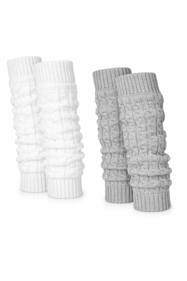 Chuarry 2 Pairs Winter Fleece Lined Leg Warmer for Women Skating Leg Warmer Long Boot Socks for Women Skating Every Day Wear (Cable Knit Pattern, Gray, White)