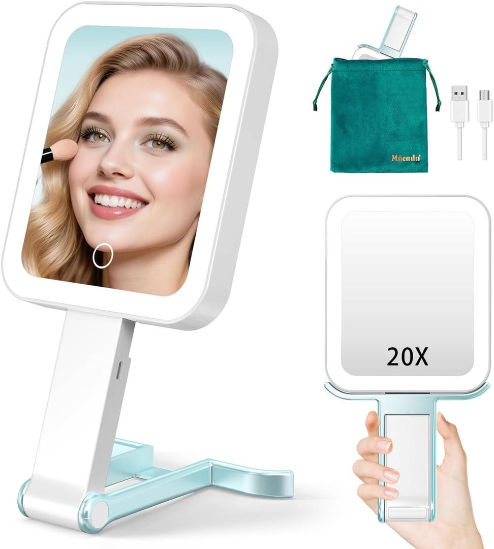 Mocado Travel Makeup Mirror with Lights,20X/1X Magnifying Mirror with Light, Double Sided Travel Mirror with 3 Color Light,Dimmable Touch, Lighted Makeup Mirror for Tabletop, Handheld, Hanging(Blue)