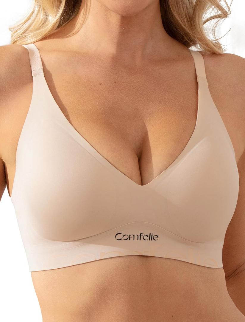 COMFELIE Seamless Wireless T-Shirt Bra for Women Full Coverage No Underwire Light Lift with Adjustable Straps Everyday Bra (Large, Beige)