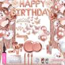 Guudmua 285 Pcs Rose Gold Party Decorations, Birthday Decorations For Women Or Girl - Knives, Forks and Spoons, Tiara, Butterfly, Sash, Paper Pom Poms, Balloon Stand, Tableware For 25 Guests