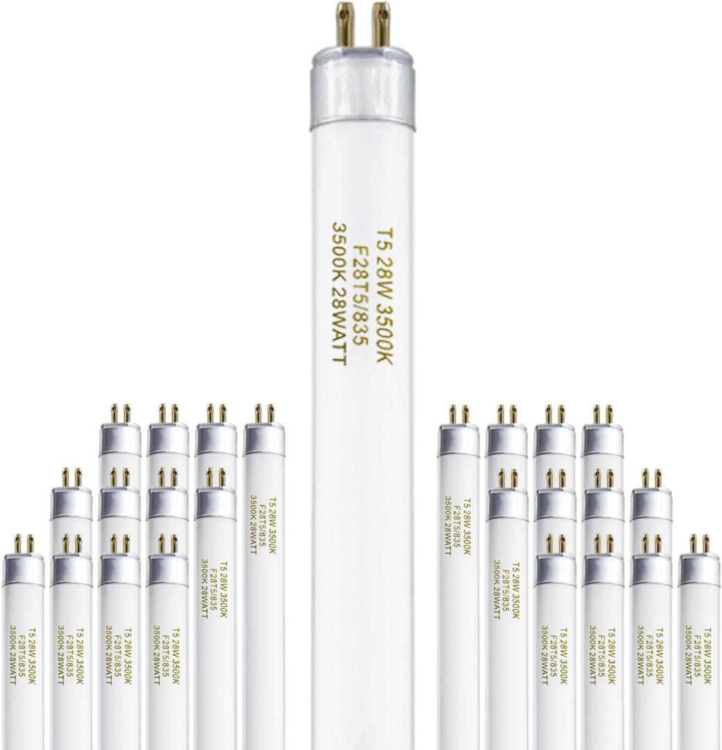 T5 28 Watts Fluorescent Light Bulb, 46 Inch T5 Fluoerscent Tube Compatible with Philips F28T5/835/ALTO, Sylvania FP28/835/ECO, 3000K Soft White Mini Bi-Pin Base G5, 2800 Lumens CRI 85 25 Pack