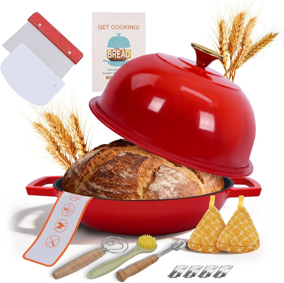 Cast Iron Bread Oven, Enameled Dutch Oven for Baking Sourdough Bread with Dome Lid & Complete Accessory Kit for Bread, 5QT (Red)