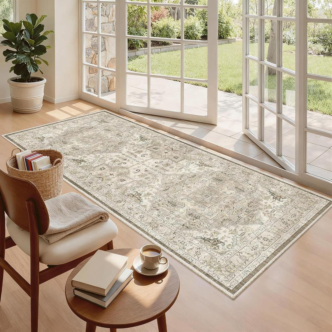 Madane Hallway Runner Rug 3x6 - Washable Kitchen Rugs Entryway Rug Runner Vintage Soft Floor Mat Non Slip Indoor Farmhouse Carpet for Bathroom Living Room Bedroom (3 X 6, Ivory/Brown)