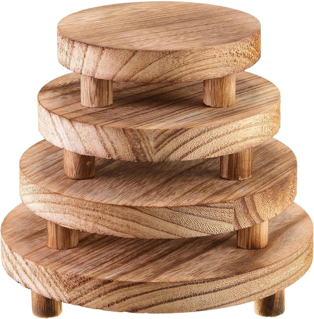 Geetery 4 Pcs Wooden Risers for Display Wood Pedestal Stand Mini Tray Stand Round Wooden Pedestal Holder Rustic Riser for Decor Tiered Tray Decor Home Kitchen, 4 Size(Light Brown)