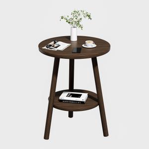Round Side Table, Small End Table with Lower Shelf, Bedside Table, Mid Century Modern Nightstand for Living Room, Bedroom, Corners and Office (Walnut)