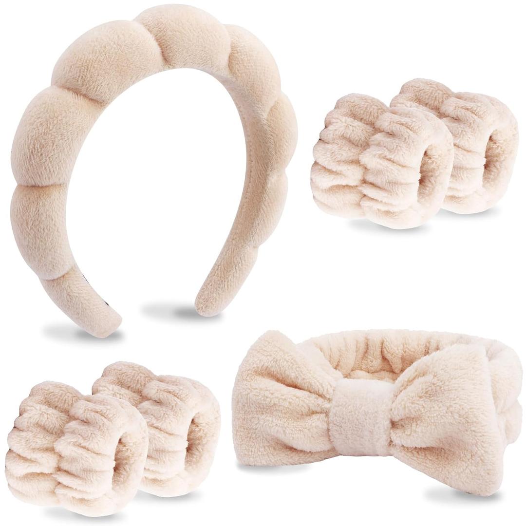 VELSCRUN 6 Pack Spa Headband, Makeup Headband, Face Wash Headbands, Skincare Headbands, Brown Sponge Hair Band Bow Tie Spa Head Band for Washing Face Wristband Set Hair Accessories for Women