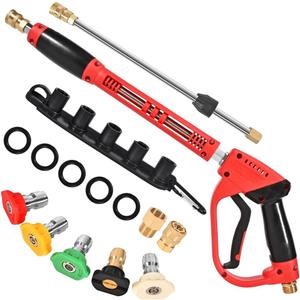 Pressure Washer Gun With Extension Wand Replacement 5000 PSI High Power Washer Gun 38 Inch Adjustable Length with M22 14mm or M22 15mm Fitting 5 Nozzle Tips with Nozzle Holder (Red)