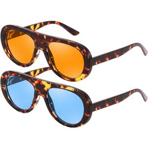 Karsaer 2 Pcs Retro Aviator Chunky Sunglasses for Women Men 70s Trendy Chic UV400 Sun Glasses (Tortoiseshell Frame / Orange Lens+tortoiseshell Frame / Blue Lens)