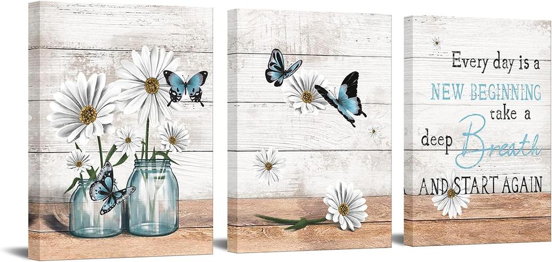 OuElegent 3 Piece Rustic Canvas Wall Art Daisy in Jar with Blue Butterfly Painting Pictures Motivational Inspiring Prints Artwork for Office Living Room Bedroom Bathroom Decor Framed Ready to Hang