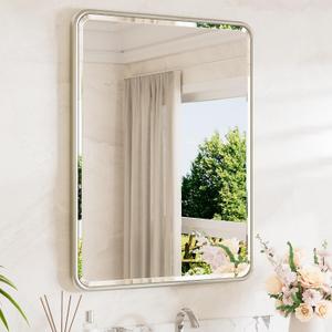 TETOTE Brushed Nickel Framed Vanity Mirror 24 x 32 Beveled Edge Tempered Glass, Rounded Corner Rectangle Bathroom Mirror for Over Sink for Modern Bathroom, Living Room, Bedroom, Entryway