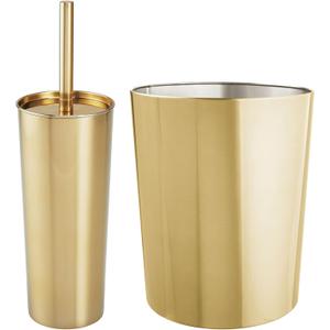 mDesign Round Metal Modern Compact Freestanding Plastic Toilet Bowl Brush and Round 6.4 Liter/1.7 Gallon Wastebasket Garbage Can Combo Set for Bathroom Cleaning - Mirri Collection - Set of 2 - Brass