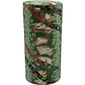 Japanese Tea Canister Tin Crane on a Fan Green/Double Lid/Japanese YUZEN Washi Paper Pasted /200g Tea Capacity/Loose Leaf Tea Storage/Storage Container with Lid