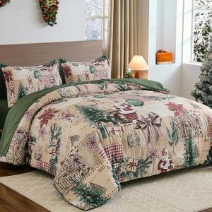 Xruibed Christmas Duvet Cover Set Queen, 3 Pieces Christmas Bedding Set with 2 Pillowcases Reversible Holiday Theme Santa Claus Gift Pattern Green Comforter Cover Set Queen 90" X 90" (Not Comforter)