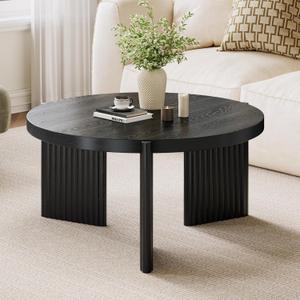 Luoxiao 27.5" Round Black Coffee Table for Living Room, Mid Century Modern Fluted Wood Center Table, Circular Sofa Table with Ribbed Base & Non-Slip Footpads for Small Space, Apartment, Easy Assembly