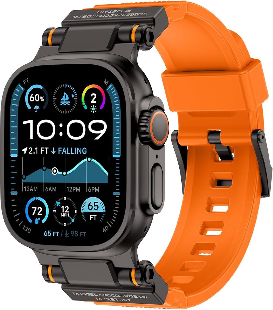 FOAMUNOC Rugged Band Compatible with Apple Watch Ultra 3/2/1 Band 49mm/46mm/45mm/44mm/42mm, Metal Connector with Silicone Strap for iWatch Ultra Series 11/10/9/8/7/6/SE3/SE2/SE/5/4/3/2/1, Orange/Black