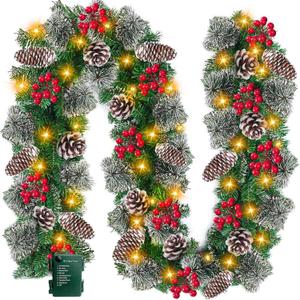 Timer 8 Modes - 9 Ft by 10 Inch Prelit Christmas Garland with 50 Warm Lights Thick 270 Snowy Bristle Pine 10 Pinecone 70 Berry Battery Operated Xmas Decor Mantle Stairs Porch Front Door Indoor Outdoor