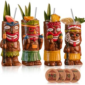 Cocktail Tiki Mugs Set Of 4 - Exotic Mug With 4 Coasters And 4 StrawsCute Ceramic Hawaiian Style Cocktail Glasses For Party And Tropical Tiki BarMai Tai Drinkware (Glossy)