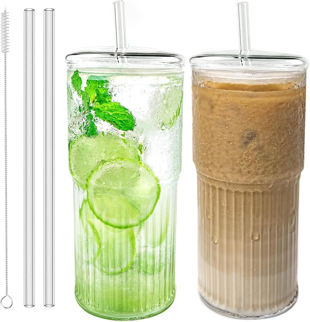 Luiaiog Glass Cups with Lids and Glass Straws, High Borosilicate 20OZ Tumblers (2Pcs) for Coffee, Tea, Juice, Smoothies, Hot/Cold Drinks at Home, Office, 20.3 Ounces