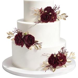 3PCS Burgundy Cake Flowers Wedding Cake Topper Flowers for Cake Decorating Floral Cake Decorations for Wedding Anniversary Birthday Party Home Decor (Burgundy)
