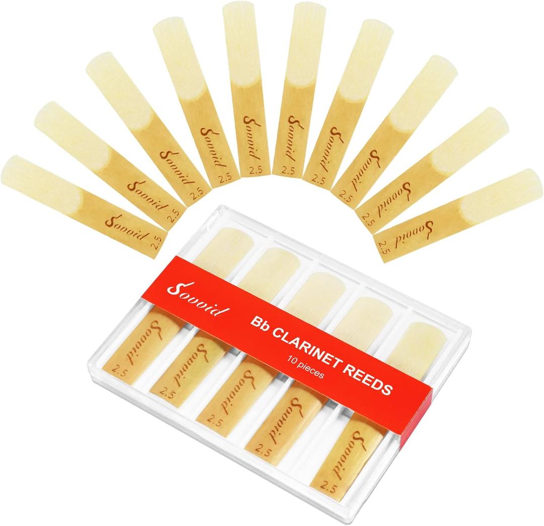 10 Pack Bb Clarinet Reeds with Plastic Box, Strength 2.5 Reeds for Clarinet, Thinner Reed Tip & Unfiled Cut for Easy of Play, Traditional Reeds for Clarinet Beginner and Player (Light Brown)