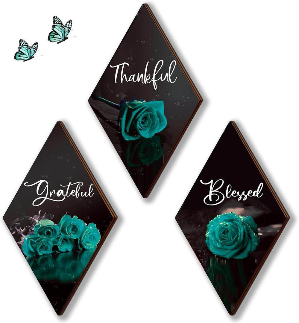 ONIZHITY 3 Pcs Teal Bathroom Decor Rose Wooden Wall Art Turquoise Bathroom Decor with Thankful Grateful Blessed Inspirational for Room Kitchen Bedroom(teal, 12 x 7 Inch)