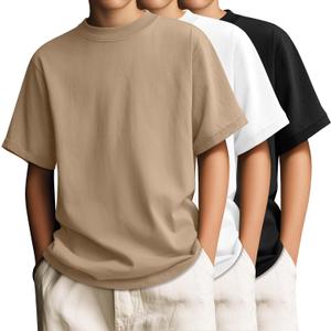 3 Pack Boys' T-Shirts Short Sleeve Crew Neck Kids Shirts Loose Fit Teen Basic Soft Plain Tees, Khaki, White, Black, 14-16 Years