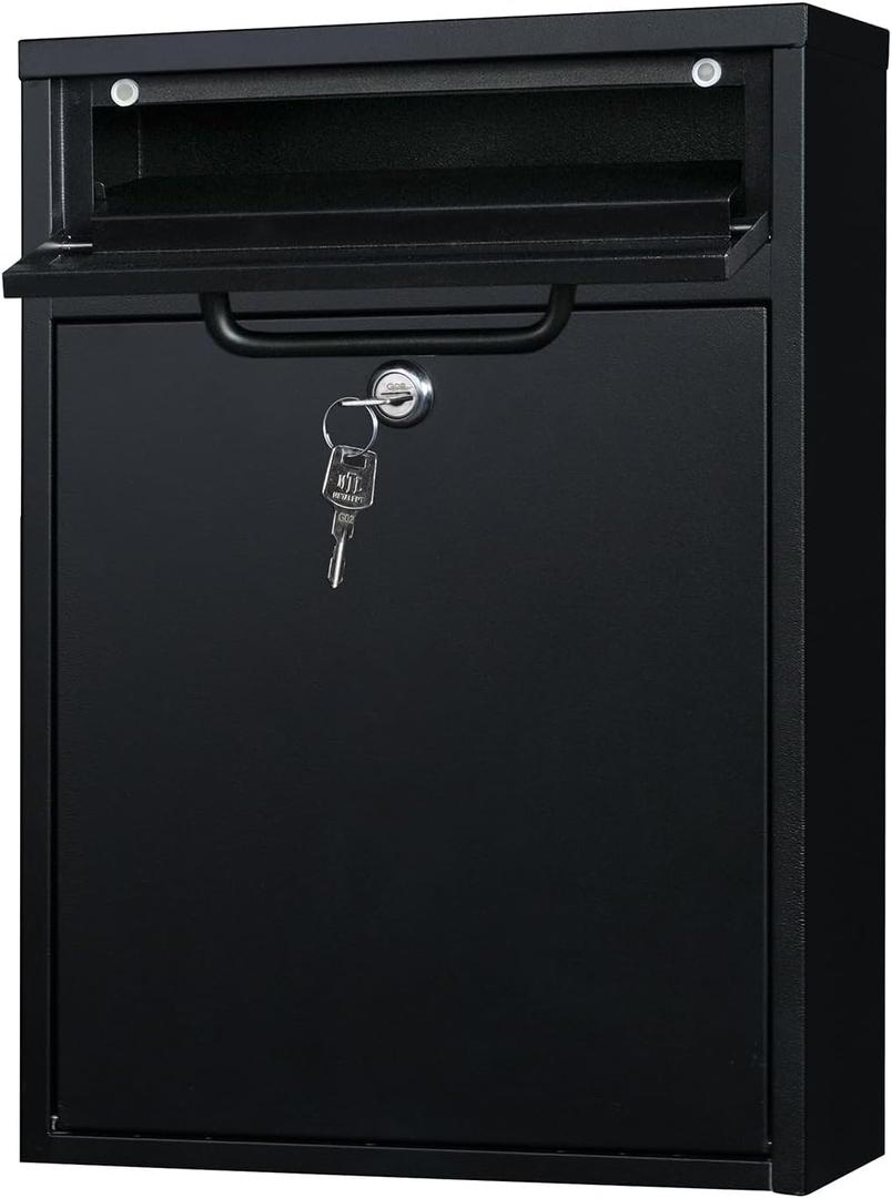 Wall Mount Mailbox for Outside, 16 Inch Drop Box Anti-Theft Heavy Duty Locking Mailbox with 2 Keys for Houses & Apartment, 11.4 x 4.7 x 16 Inches, Black