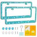 FIISFIIS Bling License Plate Frame for Women, 2 Pack Premium Stainless Steel Rhinestone Car License Plate Holder, Handmade Glitter Crystal Diamond Lincense Plate Cover, Bedazzled Sparkly Caps-Aquamarine