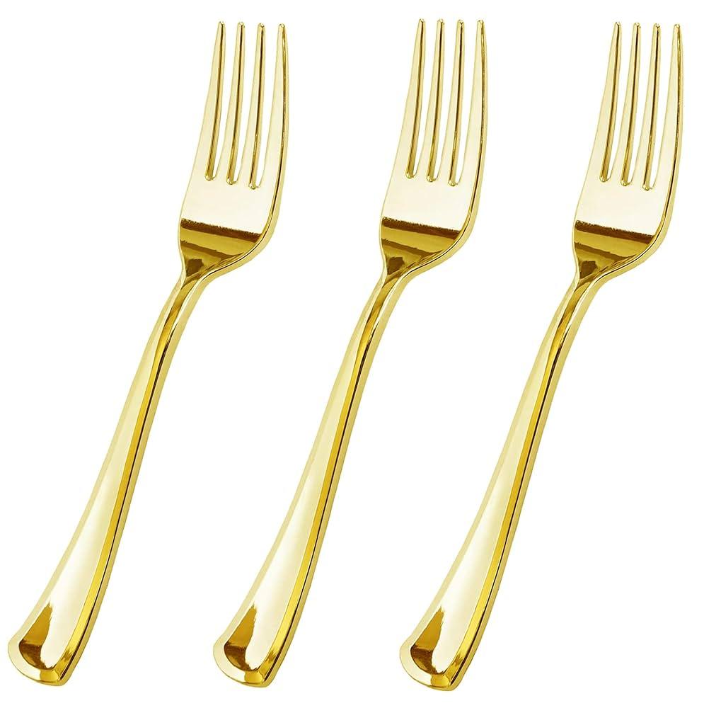 50 Piece Gold Plastic Forks Set - Reusable & Recyclable - Gold Plastic Forks for Weddings, Anniversaries, Showers, Parties - Elegant and Sturdy Utensils