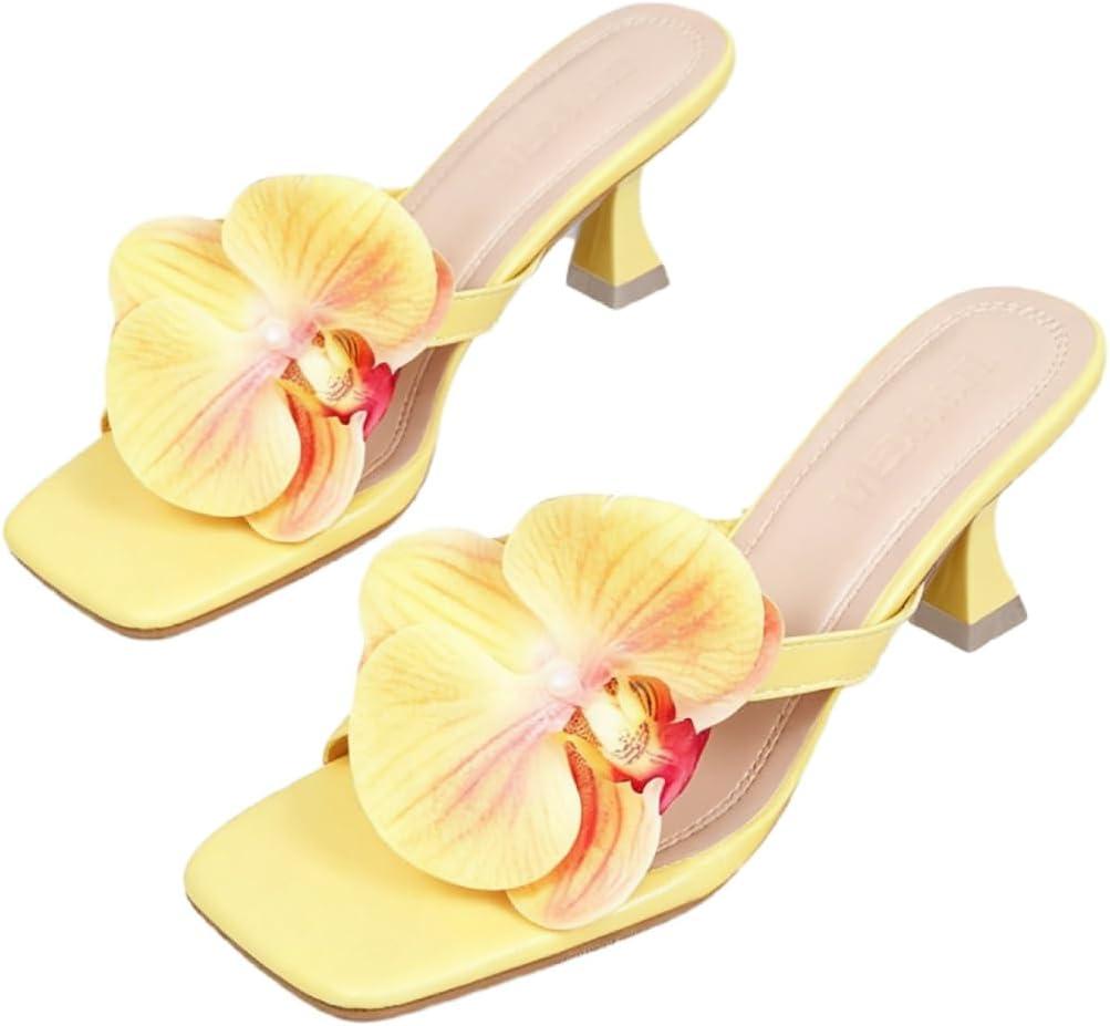 MakeMeChic Women's Open Toe Floral Kitten Heels Flower Summer Beach Sandals Tropical Flower Yellow 8