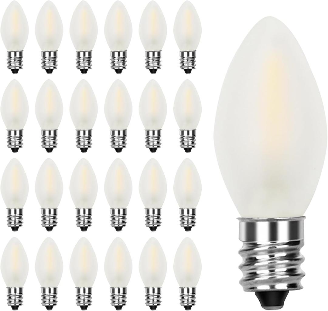 25 Pack C7 LED Frosted White Light Bulbs, C7 Vintage Christmas Replacement Bulbs for Outdoor Indoor Backyard Wedding Christmas Decoration String Lights, C7/E12 Candelabra Base, 0.6W